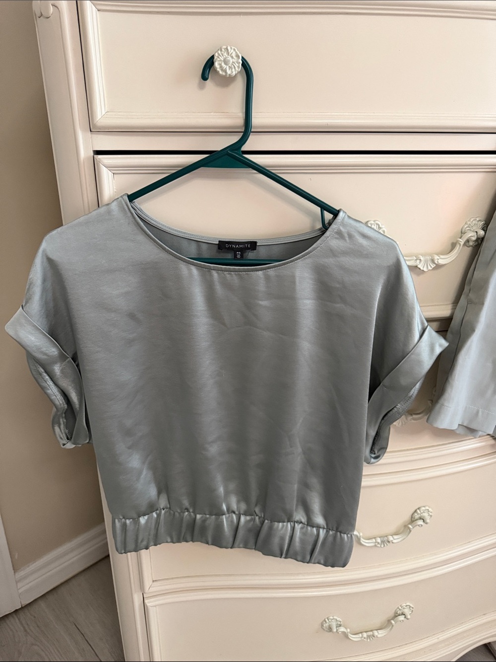 Dynamite Light Silver Satin Crop Top